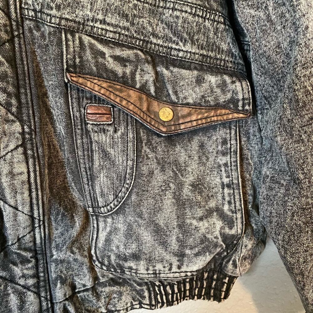 Vintage America Large Acid Wash Black Gray Cotton Leather Zip Winter Bomber - Picture 3 of 13
